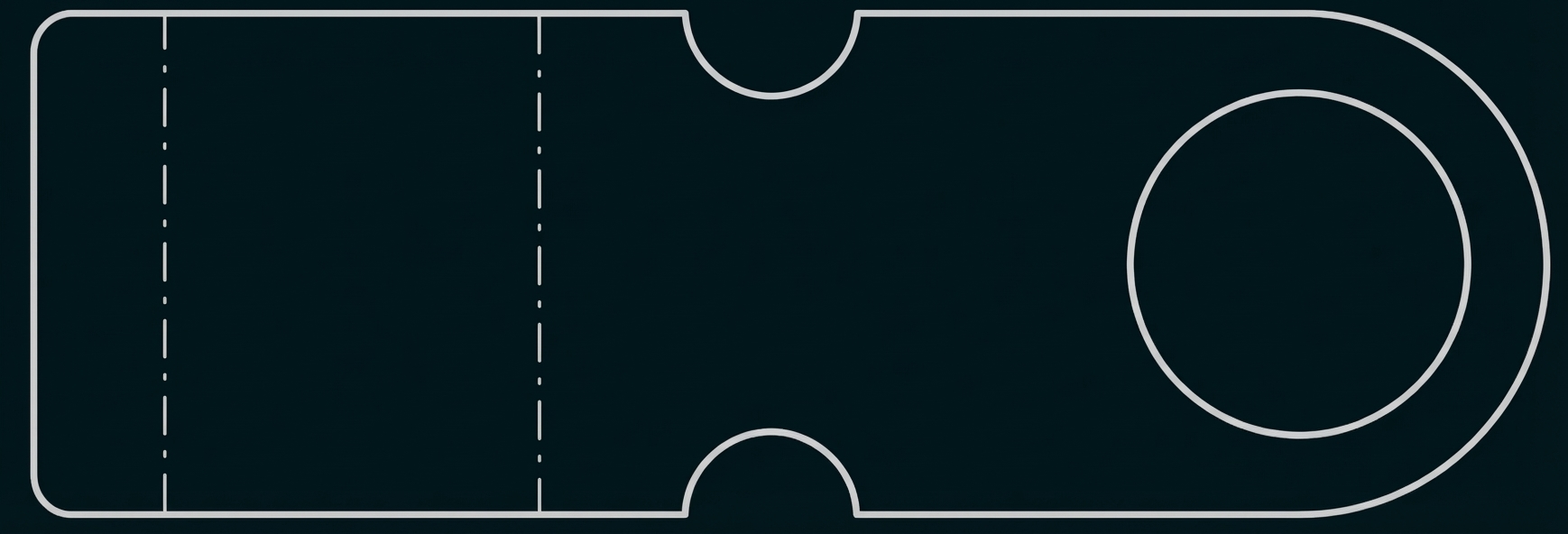 Schwarz-weiße Bastelvorlage: rechteckiges Teil mit zwei gestrichelten Falzlinien, mittigen halbrunden Ausschnitten und großem Kreis rechts